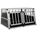Silver aluminium and MDF double car dog crate with two front doors, black side panels and bar design, front angle view on white background