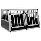 Silver aluminium and MDF double car dog crate with two front doors, black side panels and bar design, front angle view on white background