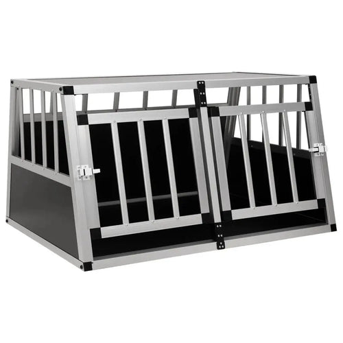 Silver aluminium and MDF double car dog crate with two front doors, black side panels and bar design, front angle view on white background