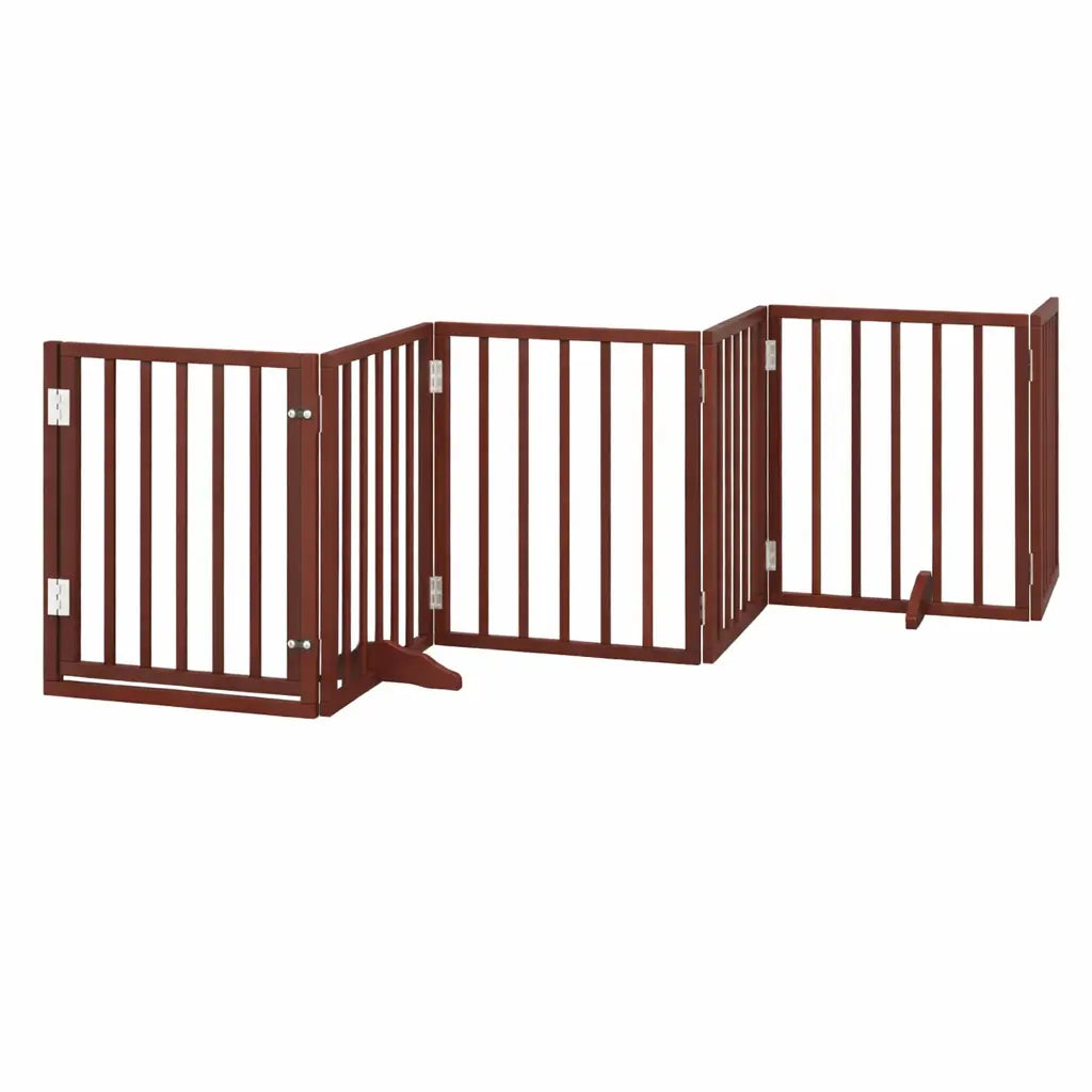 Black 6-panel dog gate in a fully folded position, demonstrating space-saving storage for the wooden pet barrier.