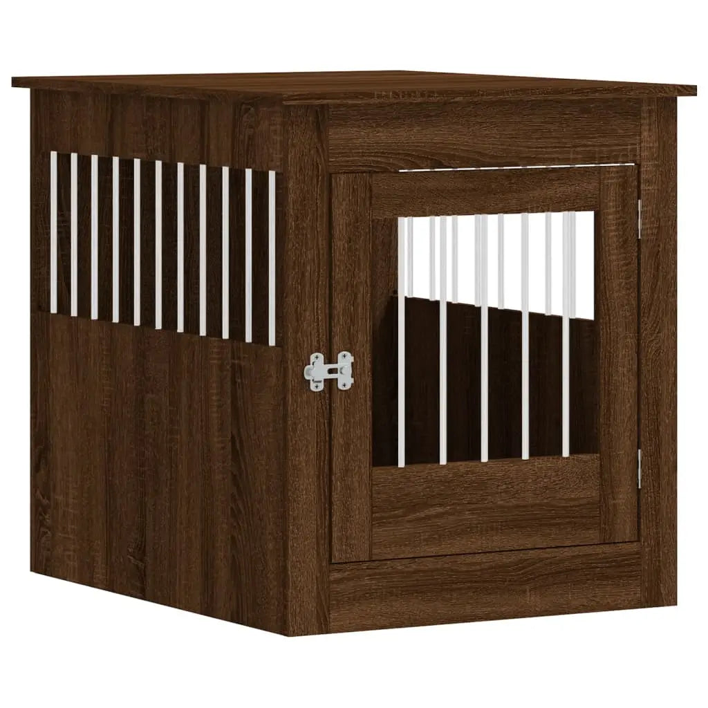 Black oak dog crate furniture with steel wire door panel and flat top surface, shown on white background