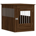 Black oak dog crate furniture with steel wire door panel and flat top surface, shown on white background