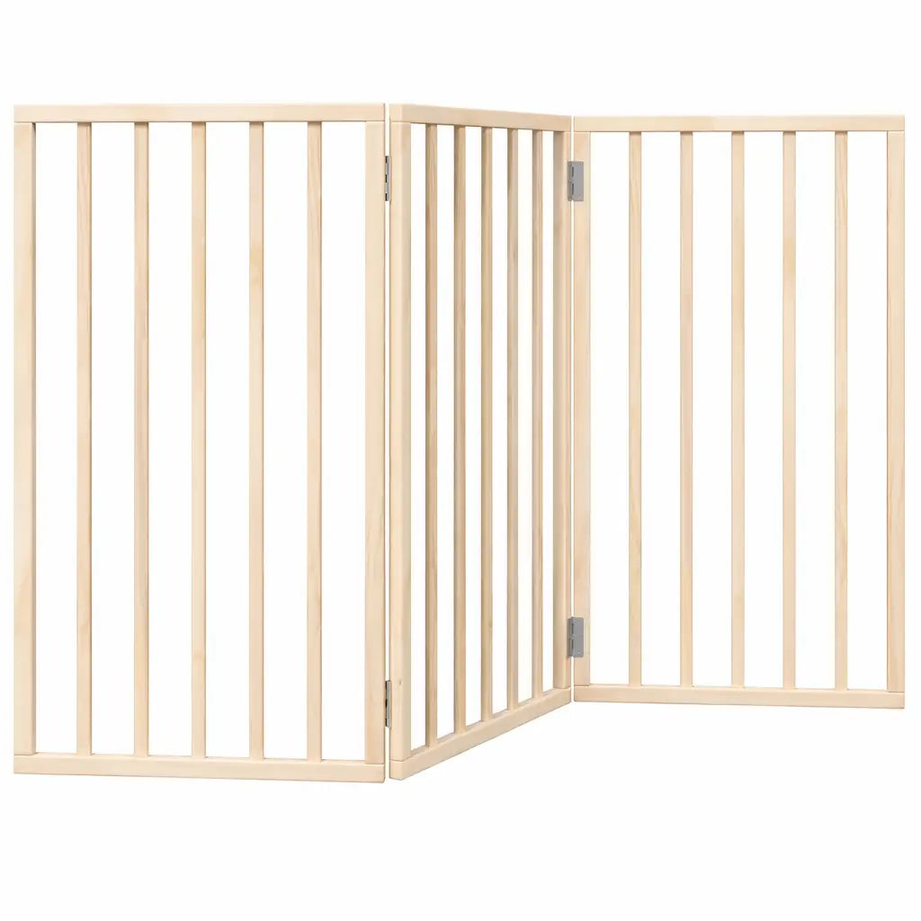 Three-panel foldable dog gate in natural poplar wood, freestanding 150 cm indoor pet barrier for small to medium dogs.