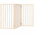 Three-panel foldable dog gate in natural poplar wood, freestanding 150 cm indoor pet barrier for small to medium dogs.