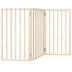 Three-panel foldable dog gate in natural poplar wood, freestanding 150 cm indoor pet barrier for small to medium dogs.