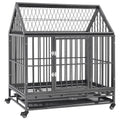 Black steel dog crate with enclosed roof, hinged front door and four caster wheels, angled view on white background