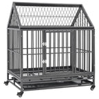 Black steel dog crate with enclosed roof, hinged front door and four caster wheels, angled view on white background