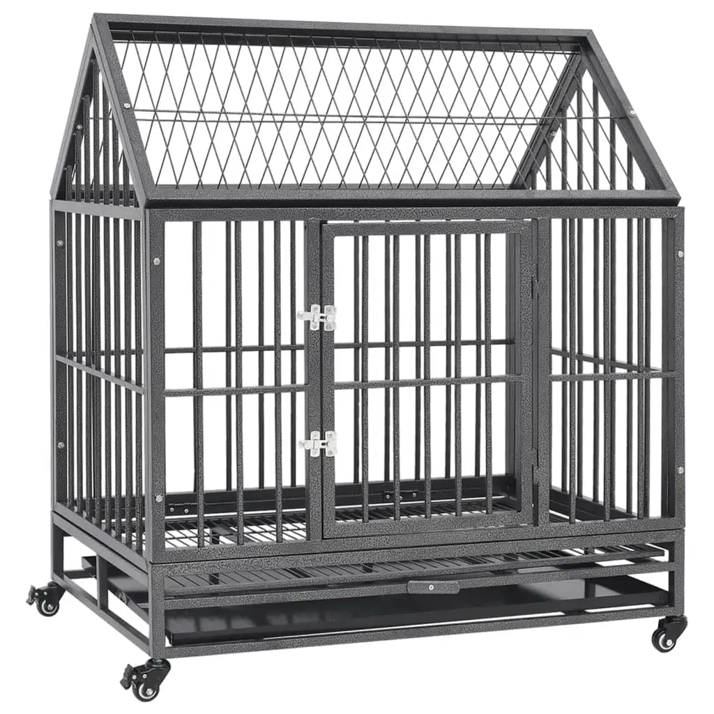 Black steel dog crate with enclosed roof, hinged front door and four caster wheels, angled view on white background