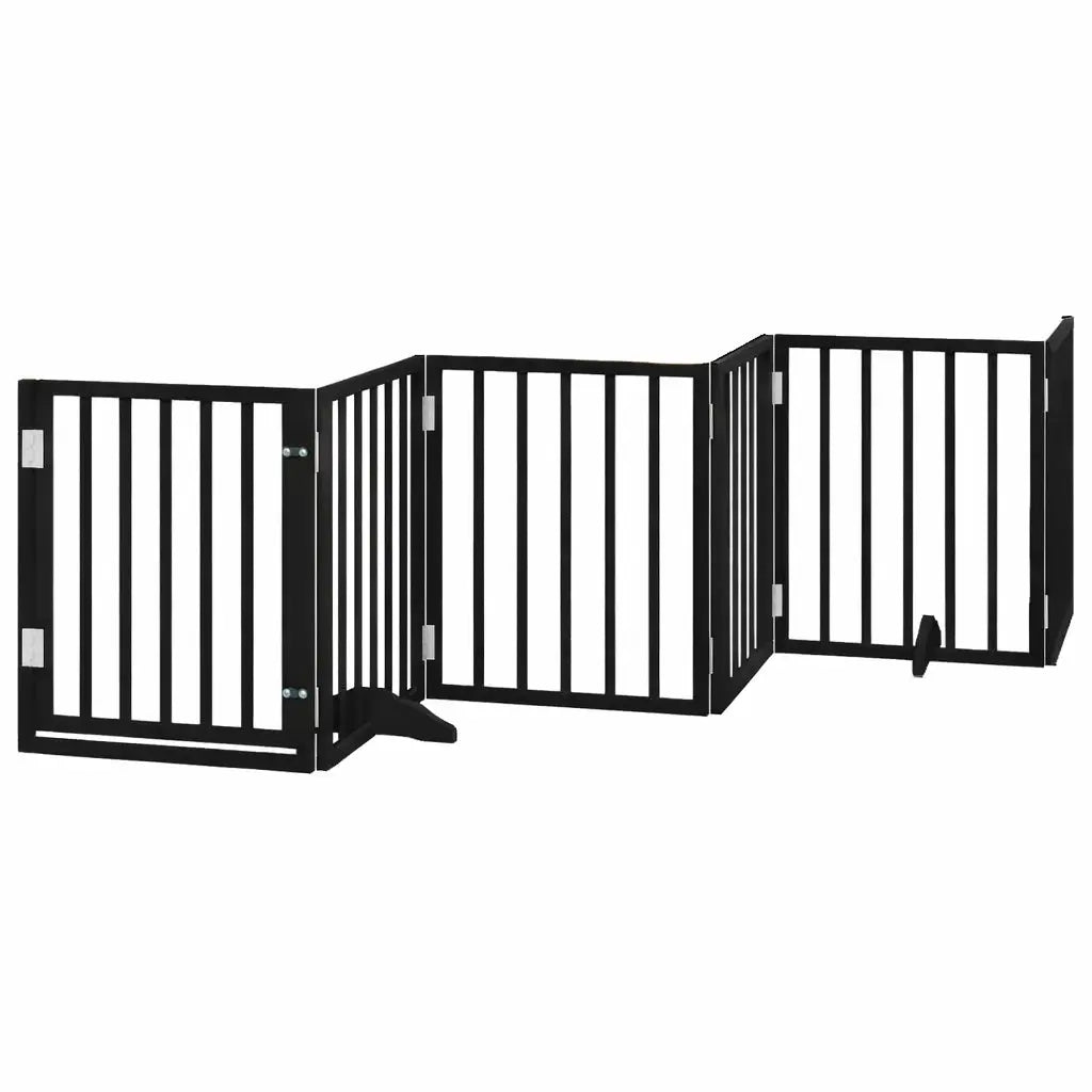 Black foldable dog gate with door, 6-panel freestanding pet barrier made of poplar wood, 300cm total length.