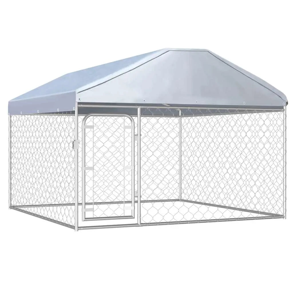 Outdoor dog kennel with roof, galvanised steel frame and chain-link mesh side panels, silver