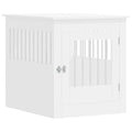 White dog crate furniture made from engineered wood with steel wire panels and hinged front door, shown on white background