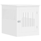 White dog crate furniture made from engineered wood with steel wire panels and hinged front door, shown on white background