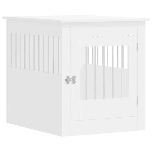 White dog crate furniture made from engineered wood with steel wire panels and hinged front door, shown on white background
