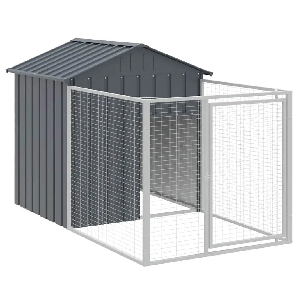 Anthracite galvanised steel dog kennel with integrated mesh run and pitched roof, angled view on white background