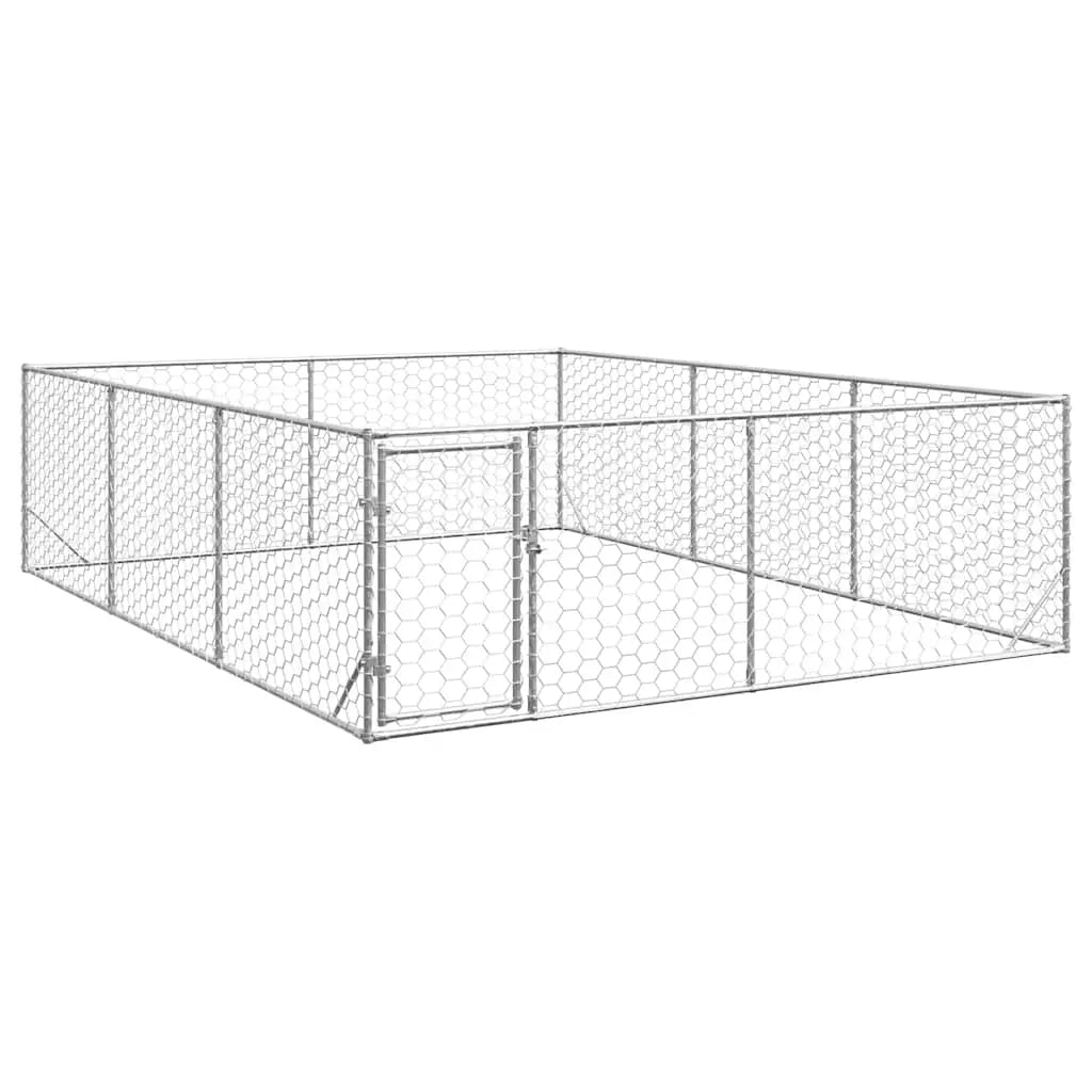 Galvanised steel outdoor dog run with hexagonal mesh panels and lockable access door, angled view on white background