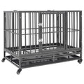 Black steel dog crate with hinged front door, removable tray and four caster wheels, angled view on white background