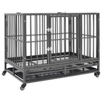 Black steel dog crate with hinged front door, removable tray and four caster wheels, angled view on white background