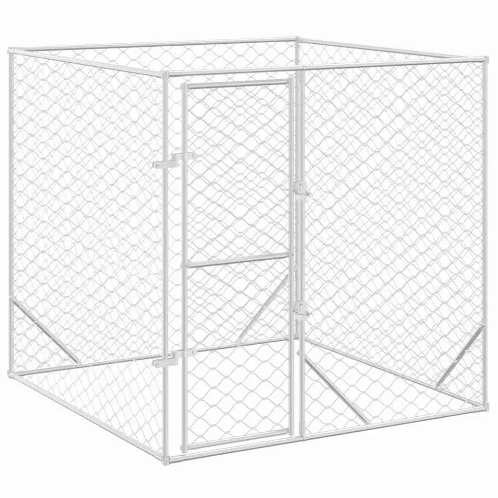Silver galvanised steel outdoor dog run with mesh panels and lockable door, angled view on white background