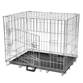 Foldable galvanised steel dog crate with three doors and black removable plastic tray, front door open, angled view on white background