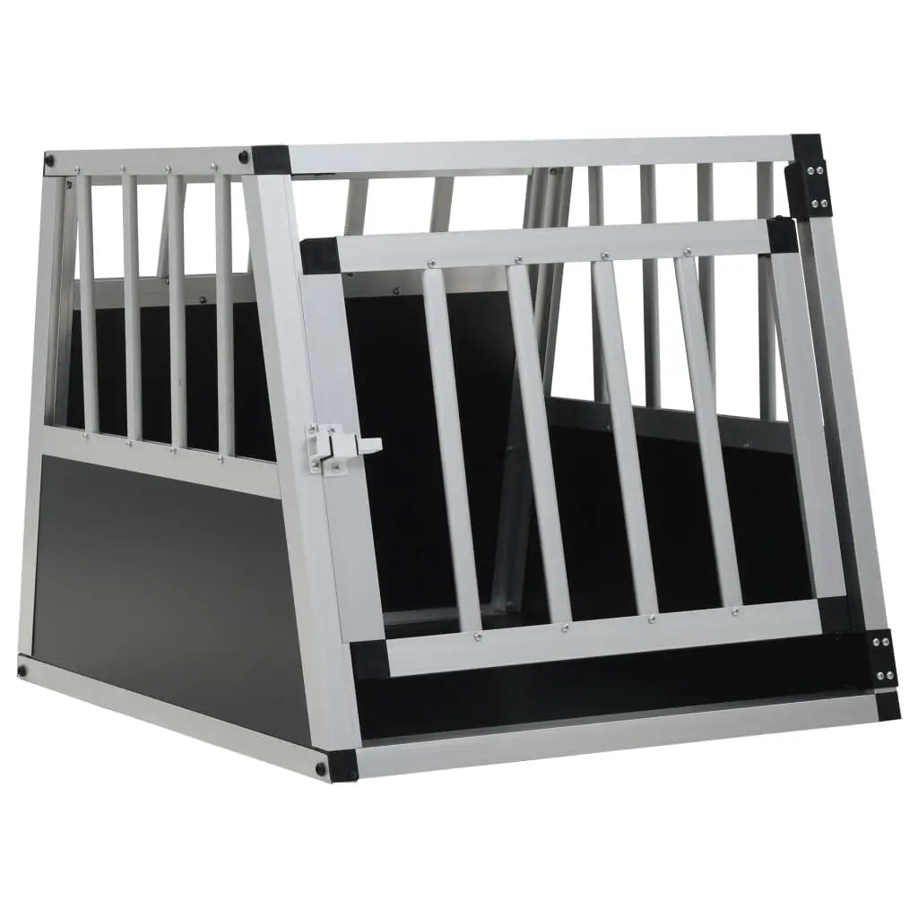 Silver aluminium and MDF single door car dog crate with front bar panel, angled view on white background