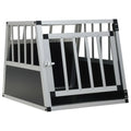 Silver aluminium and MDF single door car dog crate with front bar panel, angled view on white background
