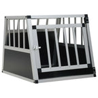 Silver aluminium and MDF single door car dog crate with front bar panel, angled view on white background