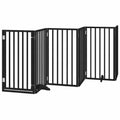 Black foldable wooden dog gate with 6 panels and support feet, freestanding 300cm pet safety barrier for indoors.