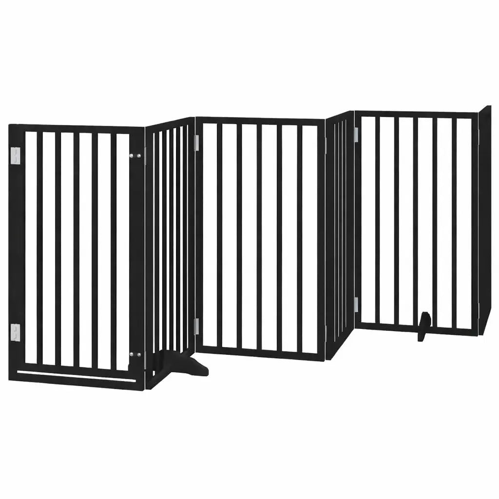 Black foldable wooden dog gate with 6 panels and support feet, freestanding 300cm pet safety barrier for indoors.