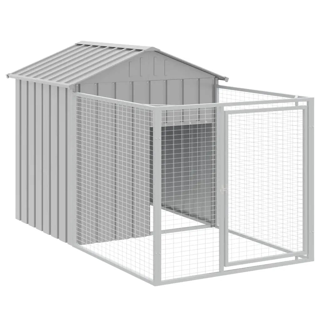 Light grey galvanised steel dog kennel with attached wire mesh run and sloped roof, angled view on white background