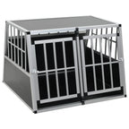 Double door car dog crate made of aluminium and MDF with ventilated bar panels, angled front view on white background, silver frame and black panels