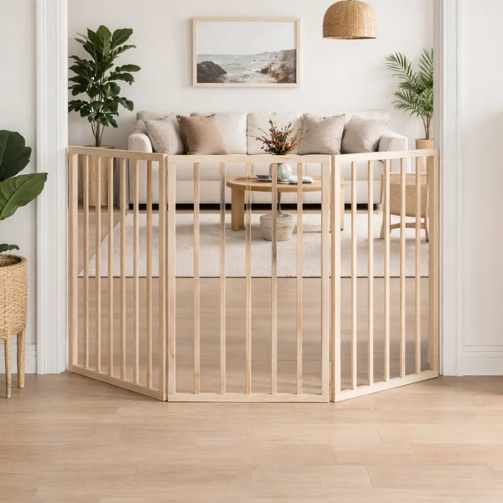 Brown wooden dog gate, 150 cm foldable three-panel indoor pet safety gate for restricting pet access to specific rooms.