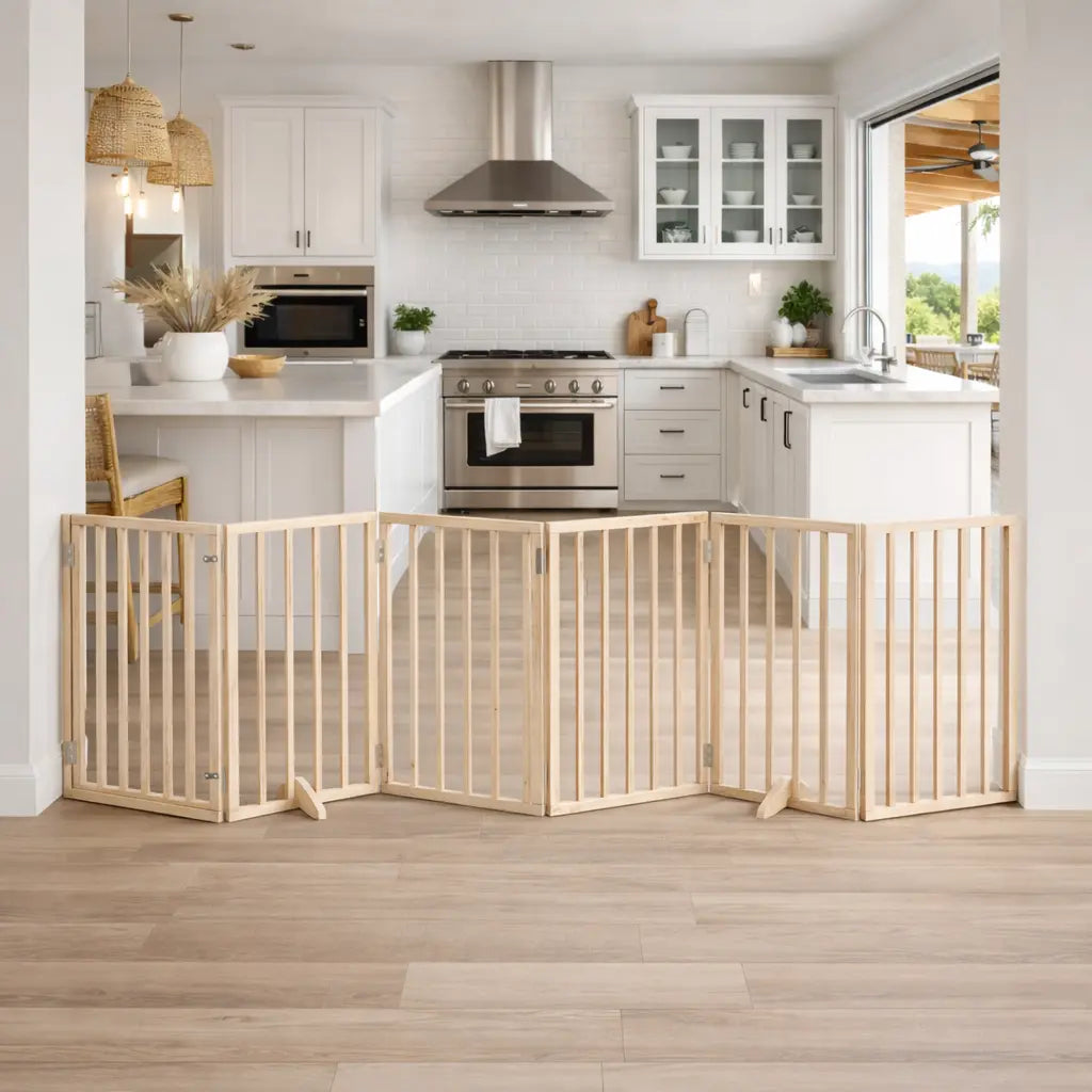 Natural wood 6-panel dog gate with door, used as a freestanding room divider between a living area and a modern white kitchen.