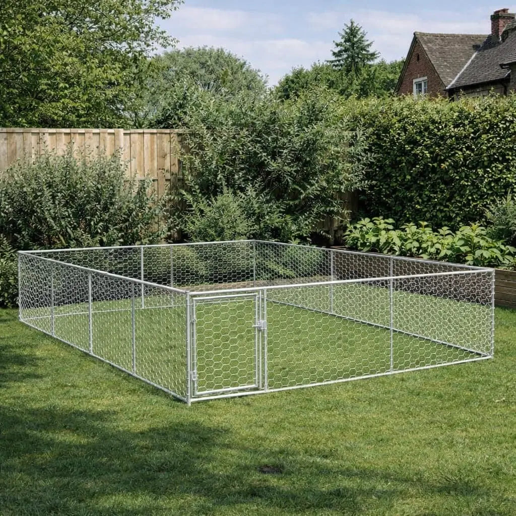 Outdoor dog run made from galvanised steel mesh installed on lawn in garden setting with wooden fence and hedges