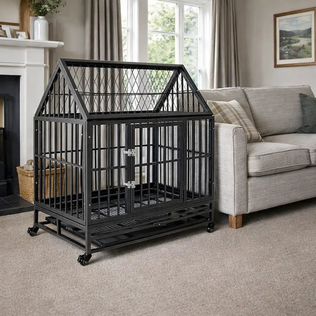 Steel dog crate with roof and wheels placed indoors next to a sofa in a living room setting