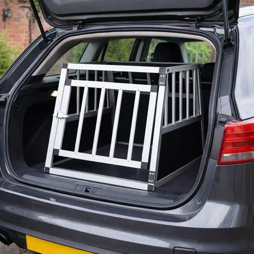 Single door aluminium car dog crate positioned inside a vehicle boot, showing size and fit for car travel