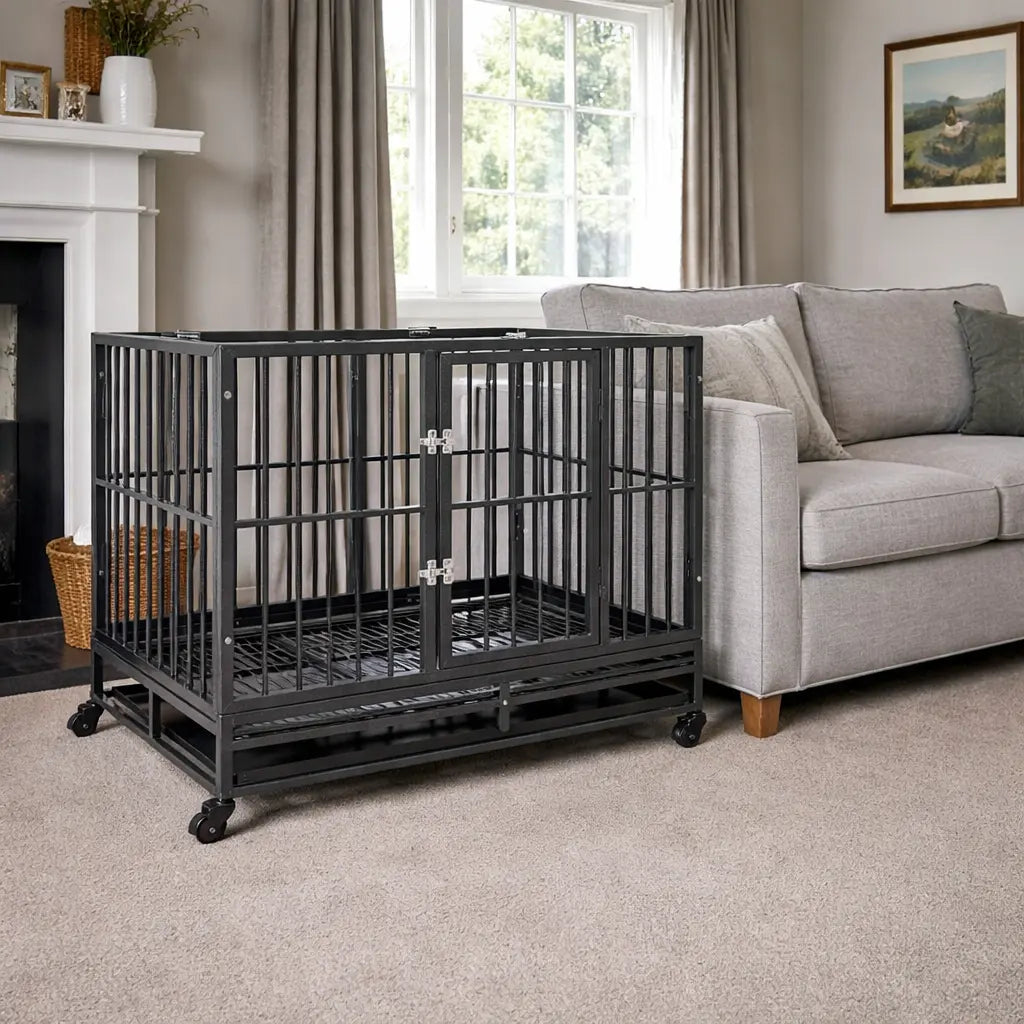 Steel dog crate with wheels placed indoors next to a sofa in a living room setting