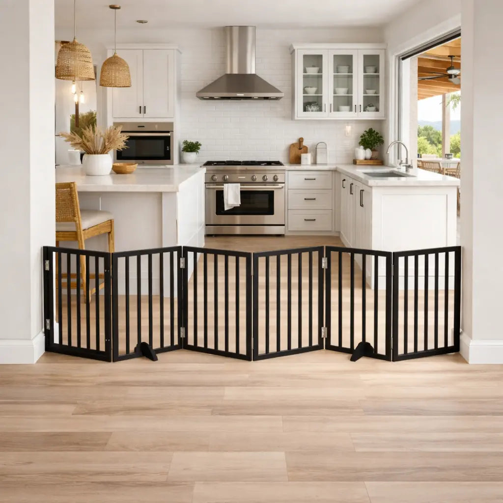 Diagram showing four configurations of the black dog gate: zig-zag, straight with stabilising feet, U-shape, and folded.