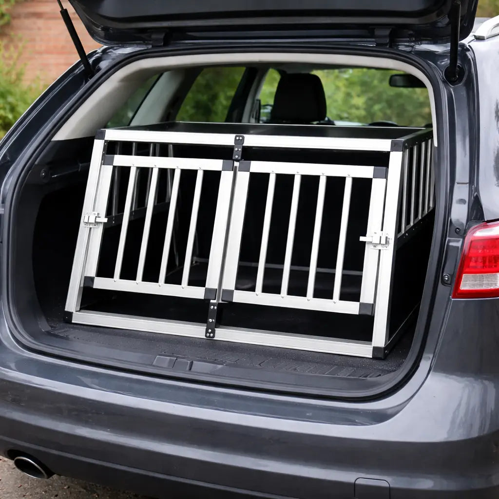 Aluminium double car dog crate placed inside a vehicle boot, showing fit and positioning for car transport