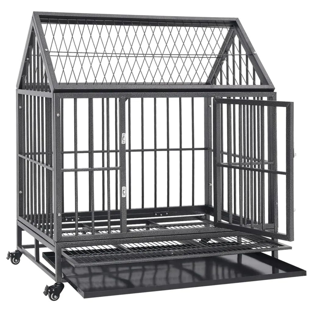 Dog crate with roof featuring open hinged door and extended removable tray, shown on white background