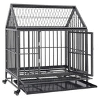 Dog crate with roof featuring open hinged door and extended removable tray, shown on white background