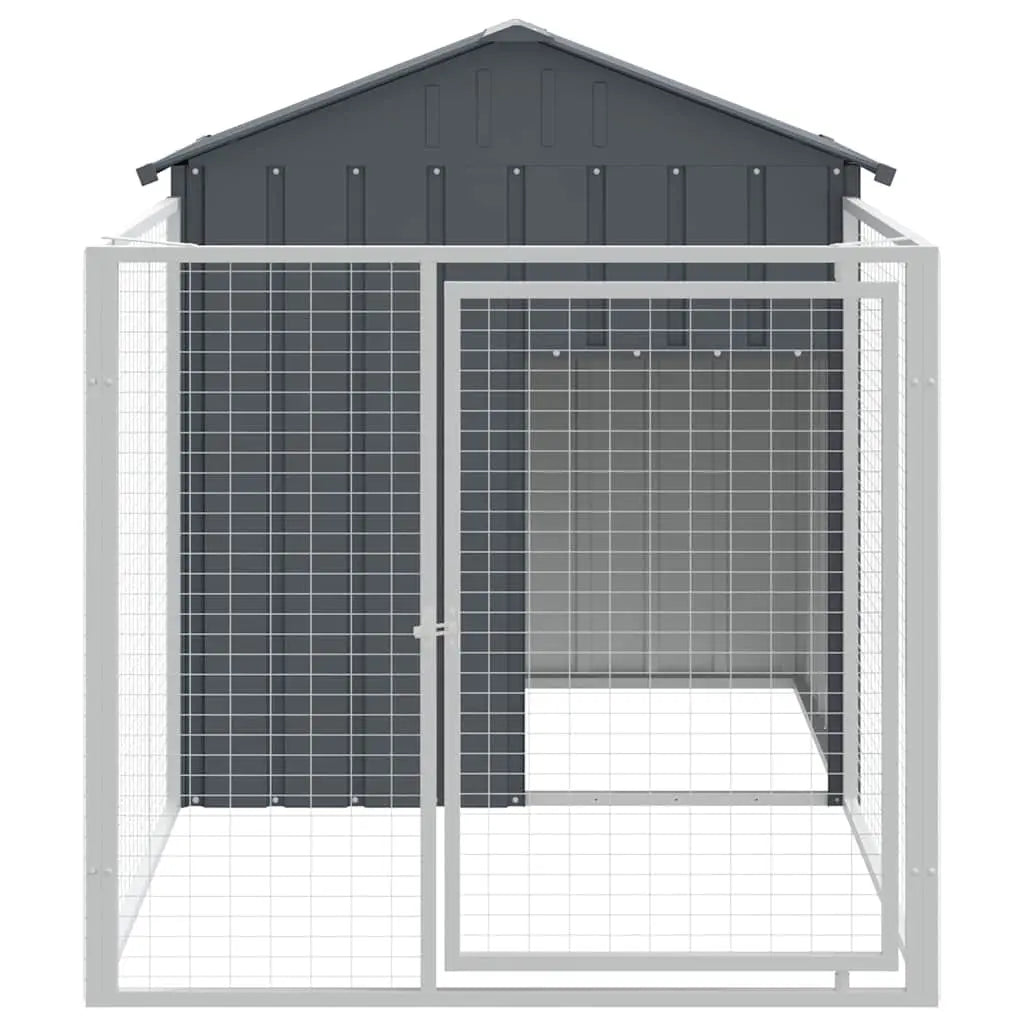 Front view of steel dog kennel with roofed shelter and mesh run enclosure with latched access door