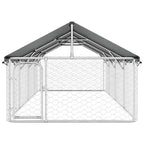 Front view of galvanised steel dog kennel with pitched roof cover and hinged lockable door