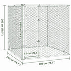 Outdoor dog run showing overall dimensions 2 x 2 x 2 m and gate size 52 x 190 cm