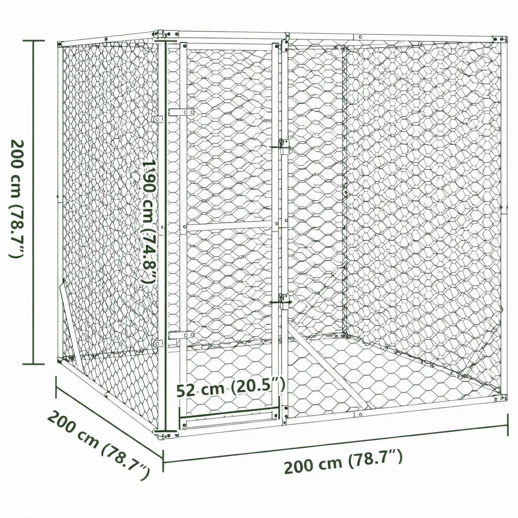 Outdoor dog run showing overall dimensions 2 x 2 x 2 m and gate size 52 x 190 cm
