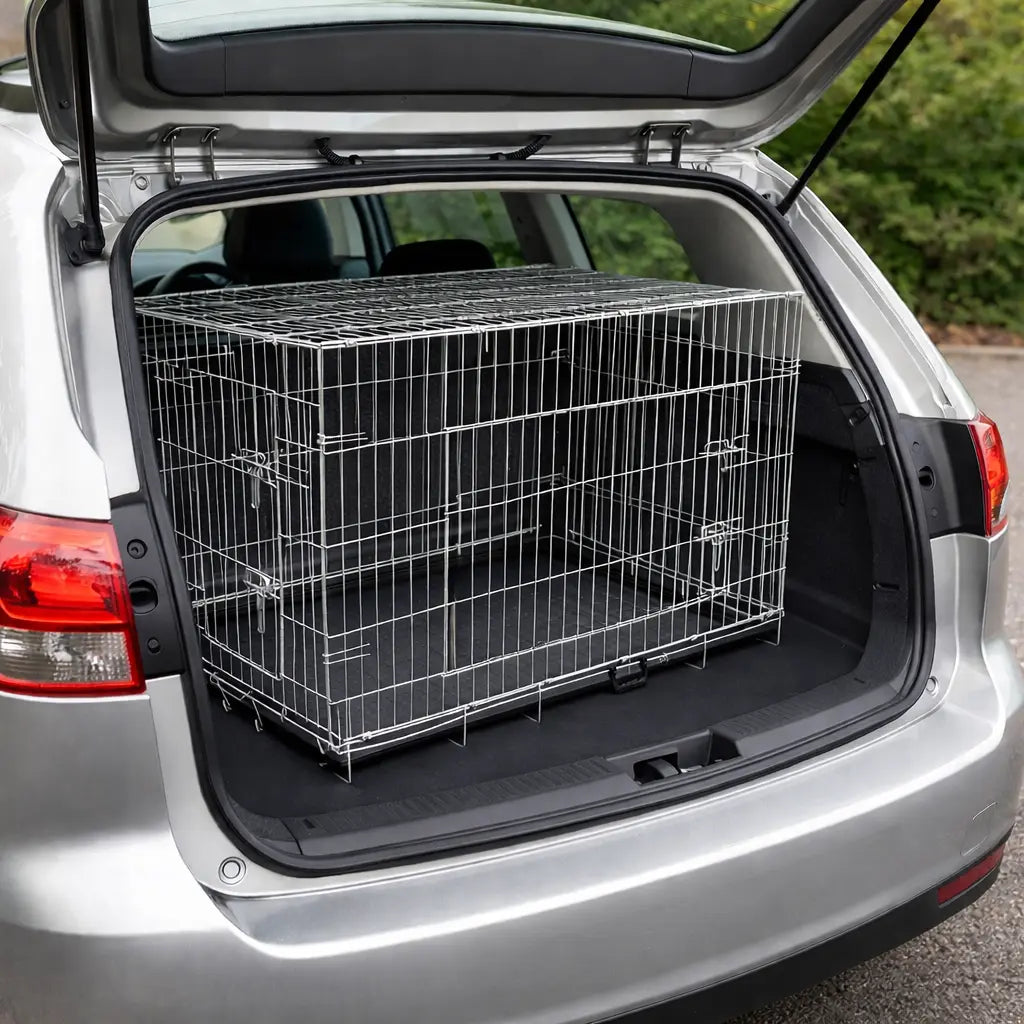 Foldable steel dog crate positioned inside a car boot, showing size and fit for transport