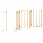 Foldable natural poplar wood pet gate showing the integrated walk-through door panel open for easy access.
