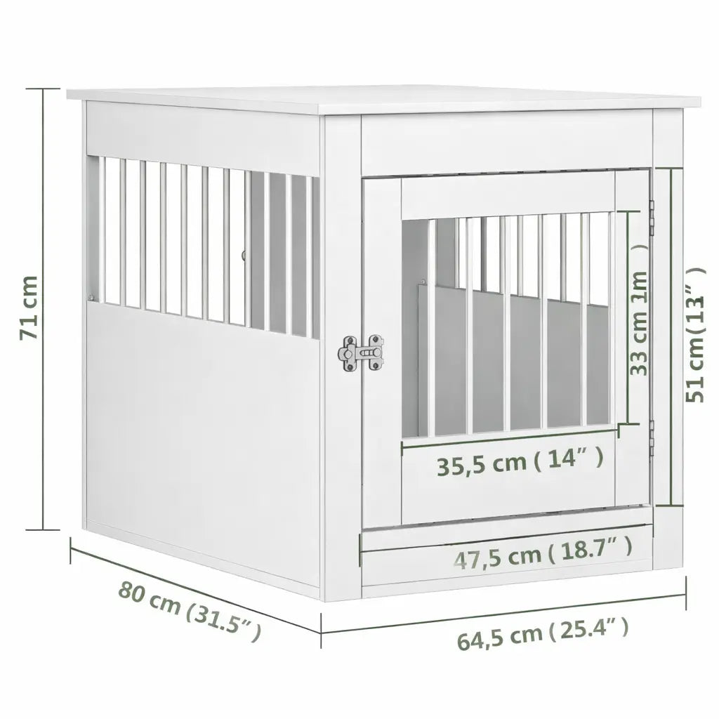 Brown oak dog crate furniture with ventilated wire panels and hinged front door