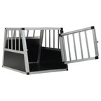 Aluminium and MDF car dog crate with single front door open, angled view on white background