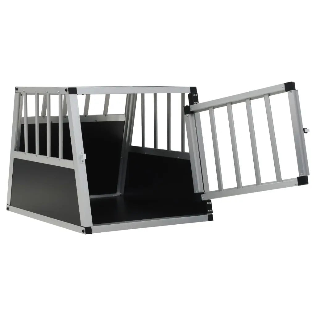 Aluminium and MDF car dog crate with single front door open, angled view on white background