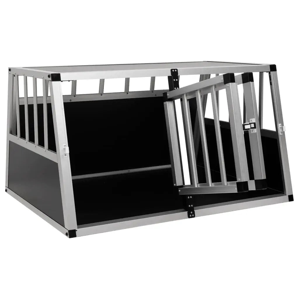 Double car dog crate with one front door open, aluminium frame with black MDF panels, front view on white background